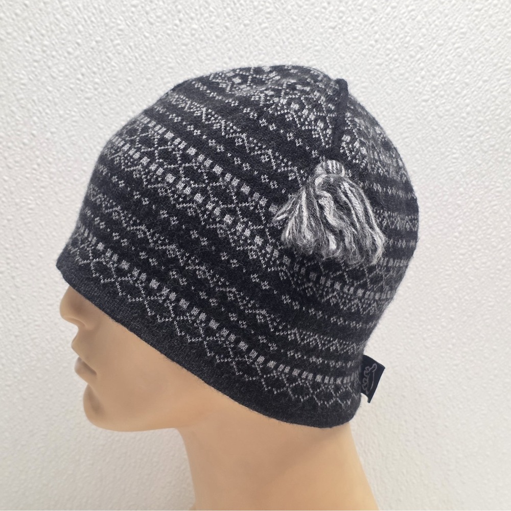 Turtle Fur Merino Wool Fair Isle Beanie Hat Black & Gray - Made in Canada